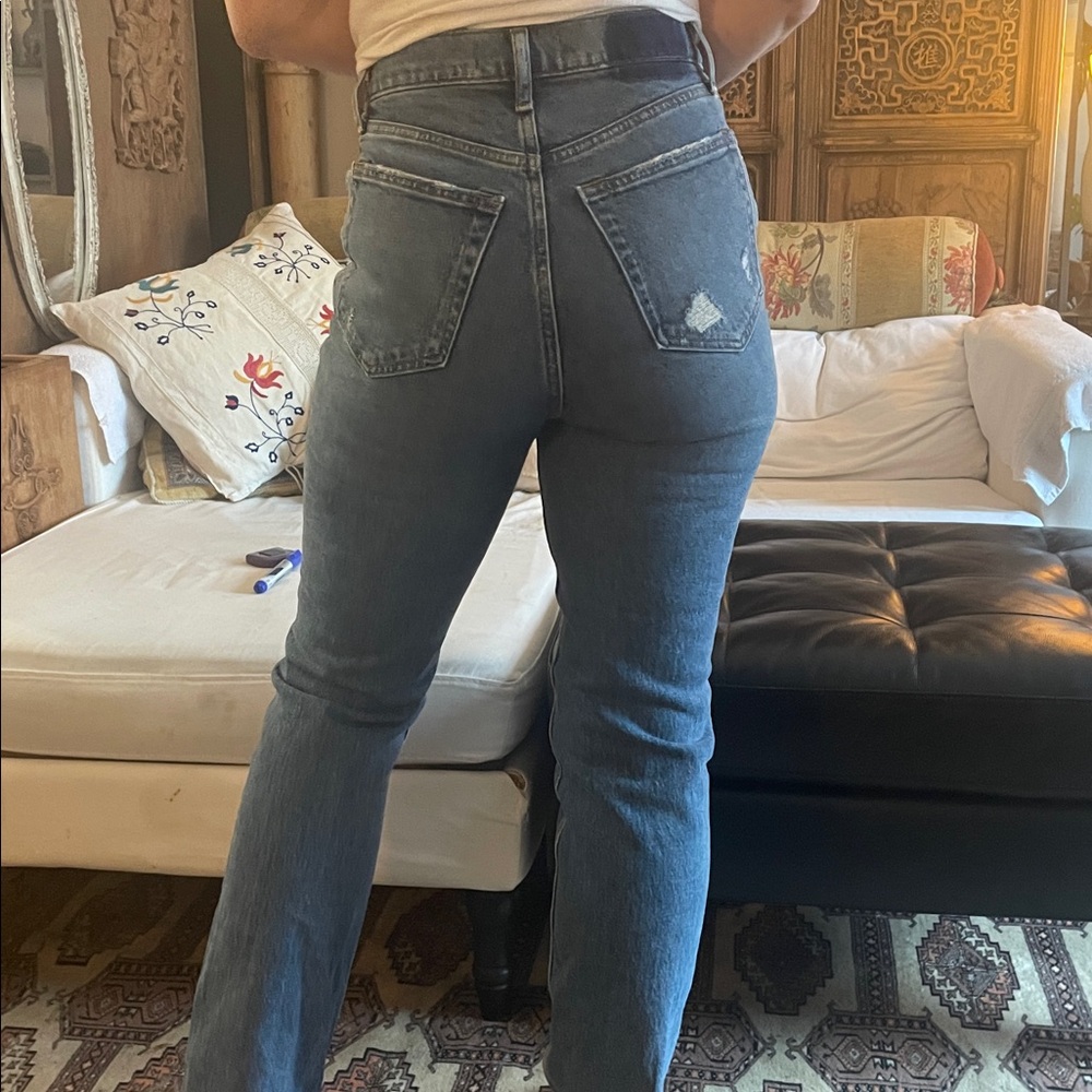 90s Straight Ultra High rise Blue Women's Jeans Cross Front Zip feature - Picture 3 of 6